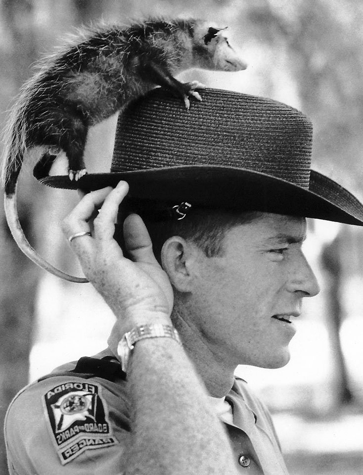 Black-and-white portrait of Jim Stevenson with an opossum perched on his hat.