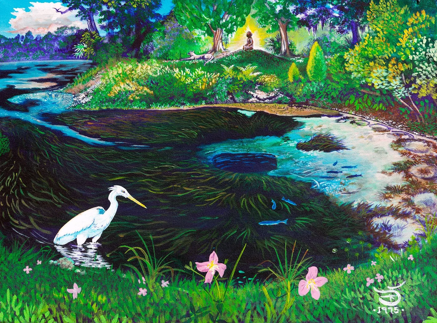 Colorful painting of a spring landscape with clear water, fish, and a white heron standing at the edge.