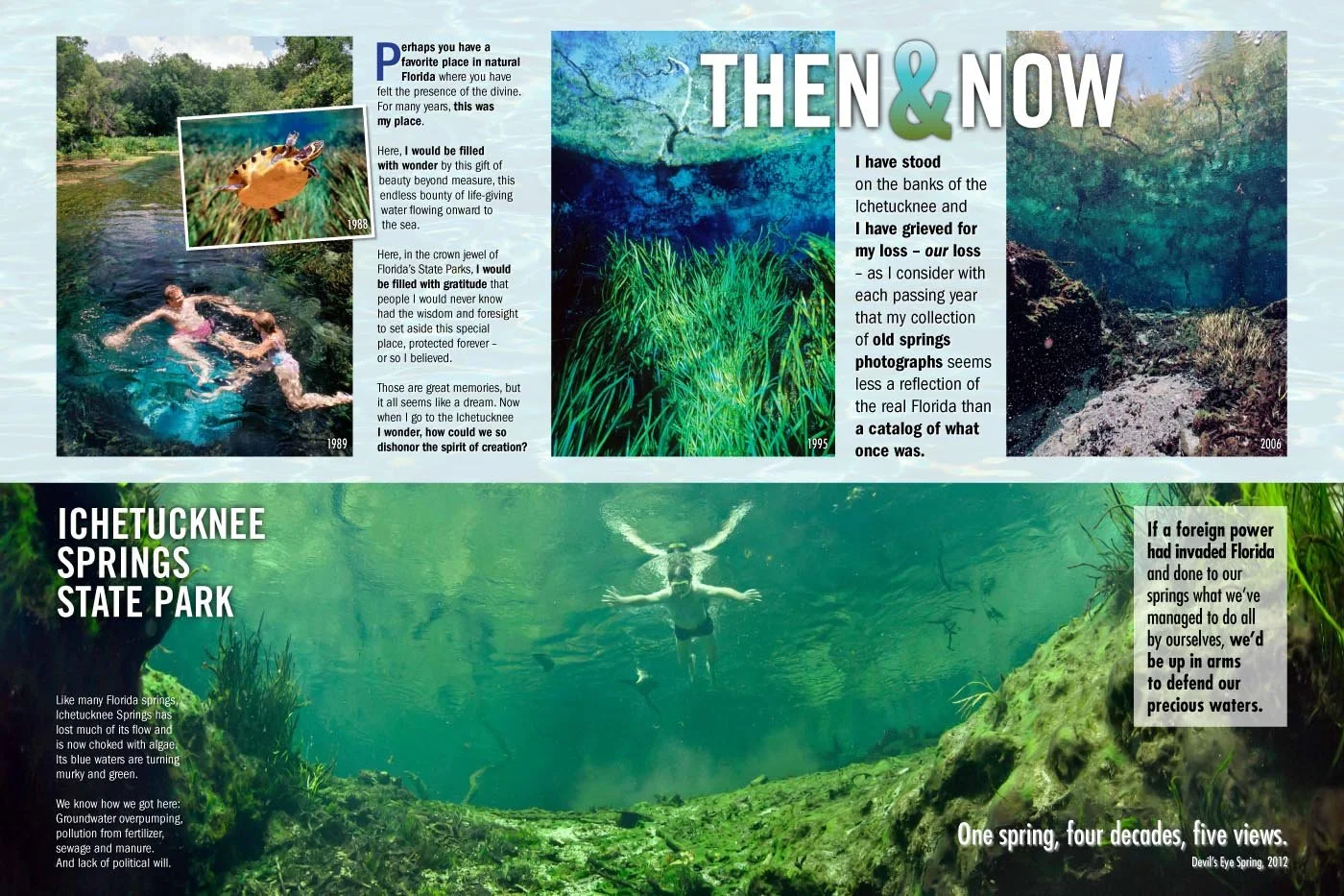 Exhibit panel comparing past and present views of Ichetucknee Springs, showing underwater scenes and highlighting environmental changes over time.