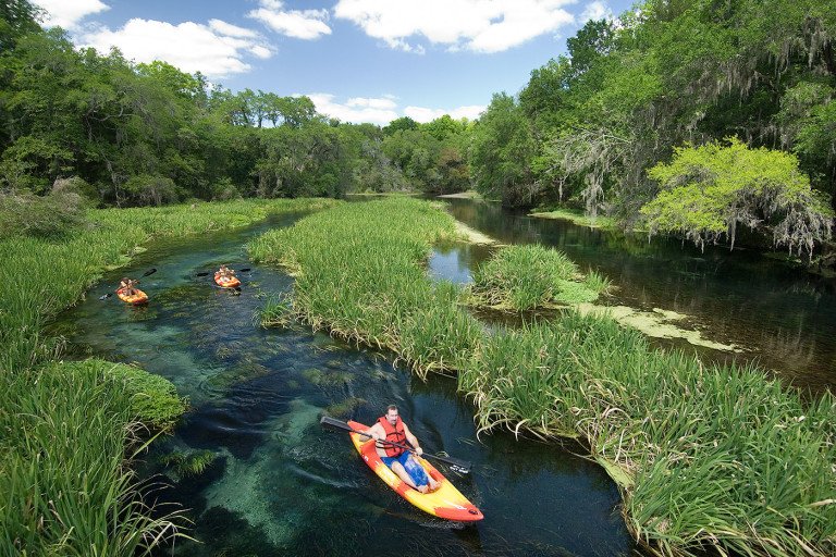 Campers kayaking on a narrow, clear river surrounded by verdant landscape.