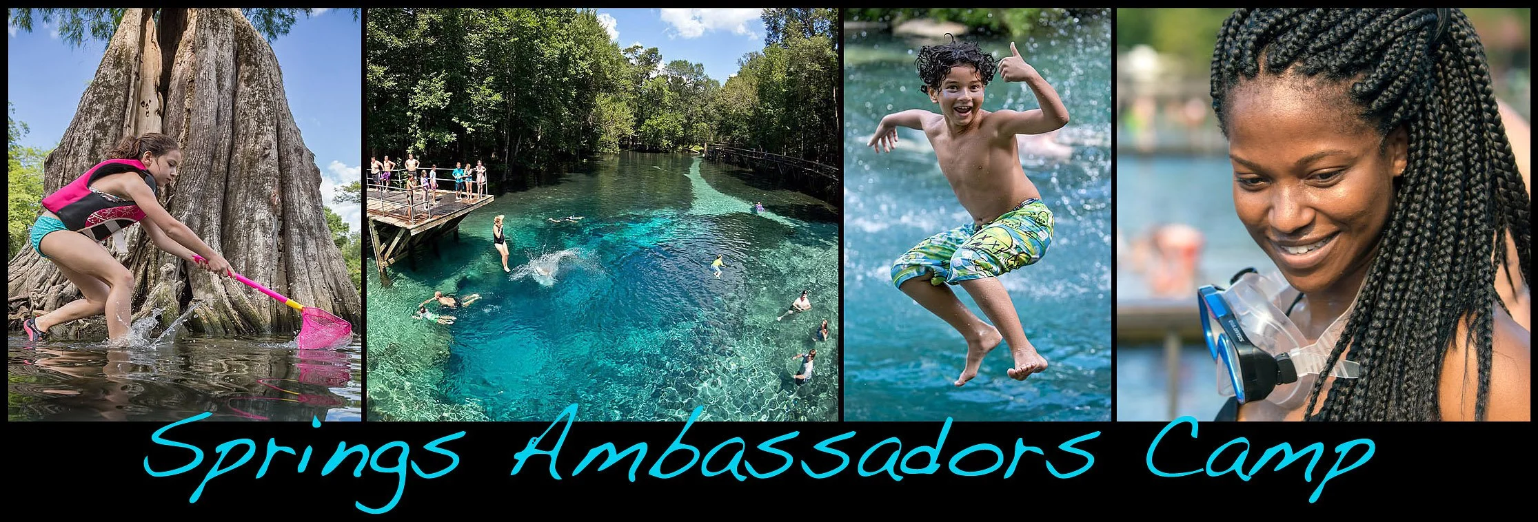 Collage of children and young adults enjoying spring activities, including swimming, jumping into clear water, and exploring nature, with “Springs Ambassadors Camp” text overlay