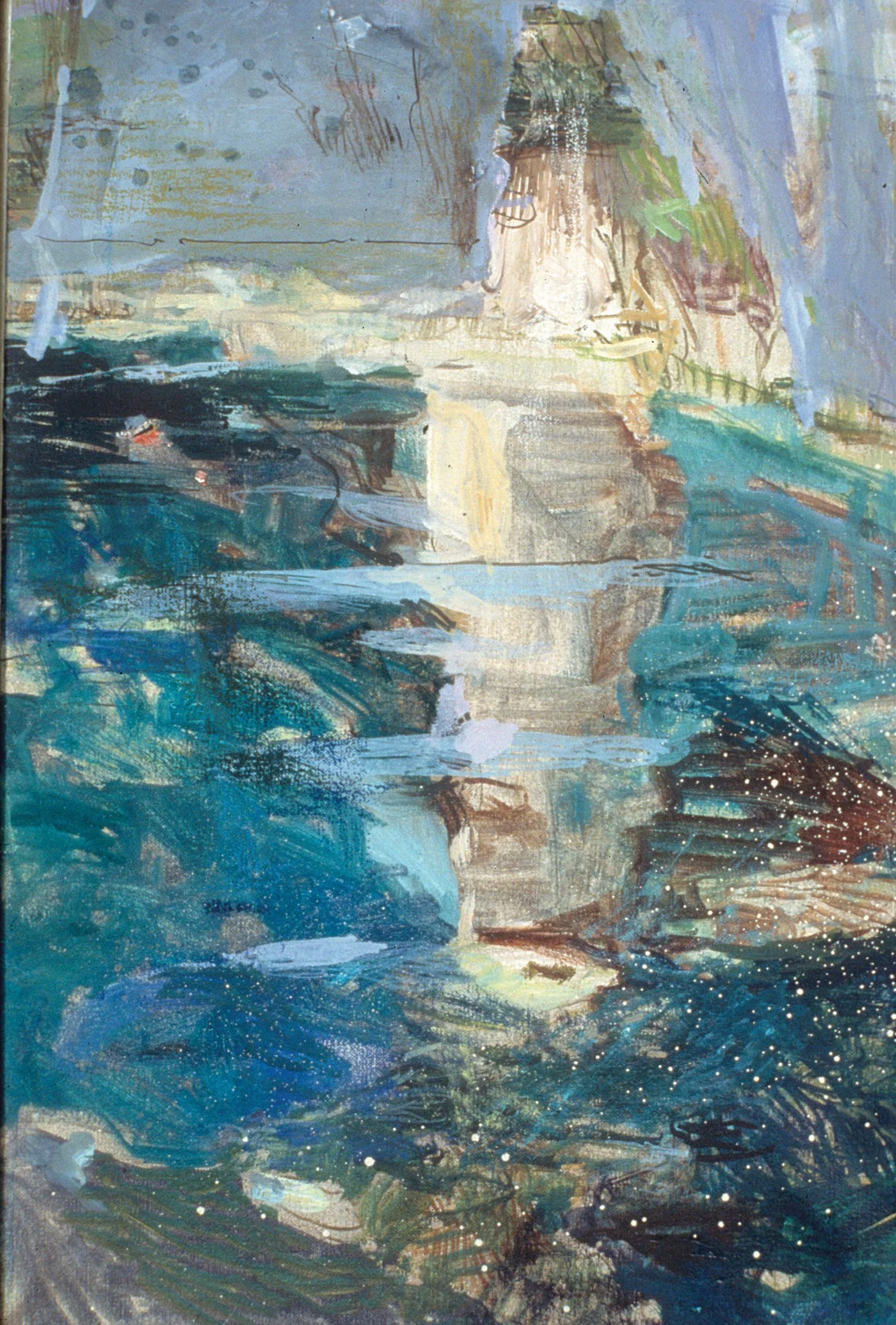 Abstract painting of Manatee Springs with layered blue, green, and cream tones, suggesting reflective water and surrounding forms through loose, expressive brushstrokes.