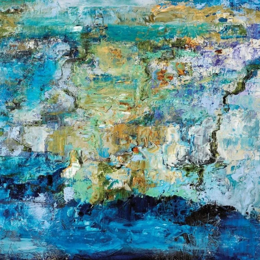 Abstract oil painting in layered blues, turquoise, white, and warm earth tones, suggesting flowing spring water and limestone forms in motion.