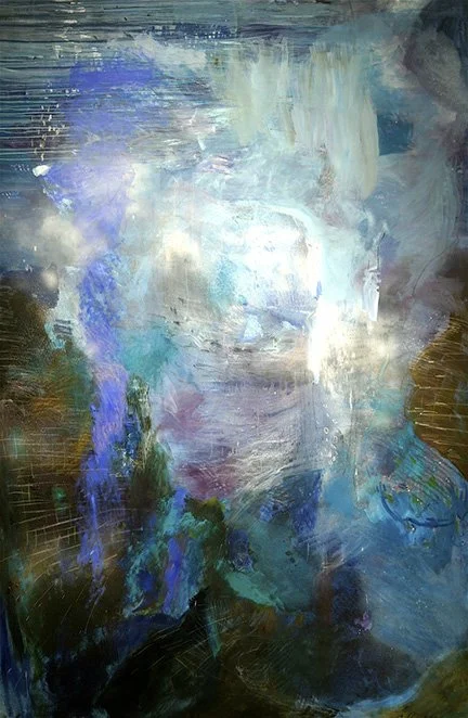 Abstract painting with layered blues, whites, and soft greens, featuring sweeping brushstrokes and luminous light effects suggesting water and movement.