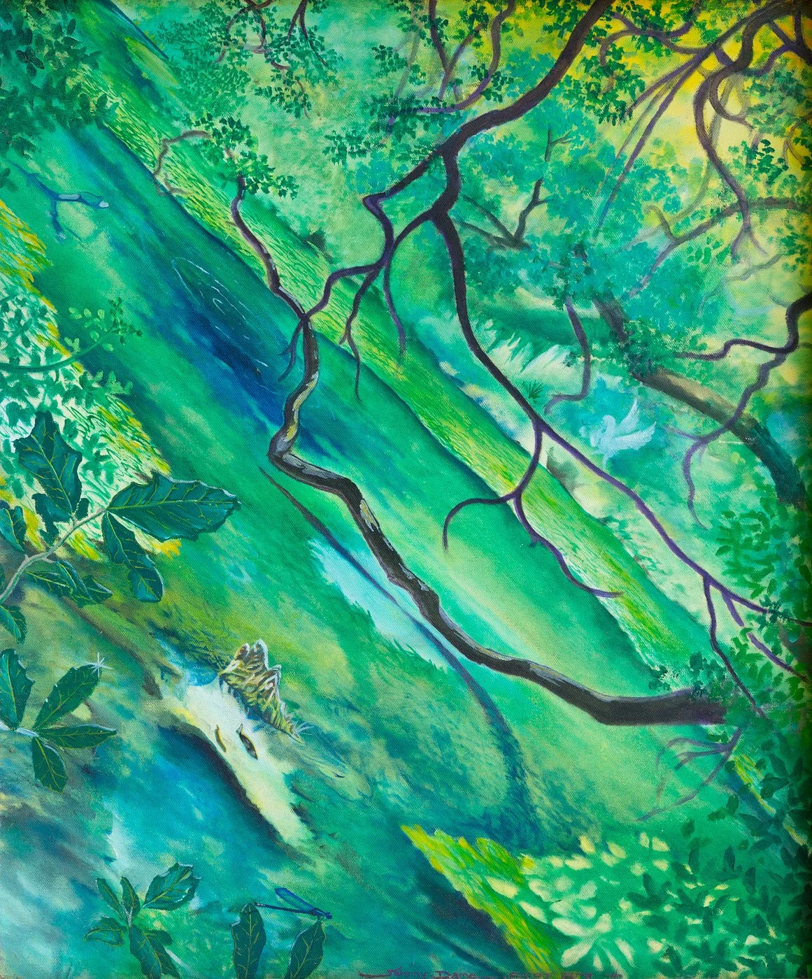 Painting of Devil’s Eye Spring showing clear blue-green water, tree branches arching overhead, and a fish swimming below the surface.