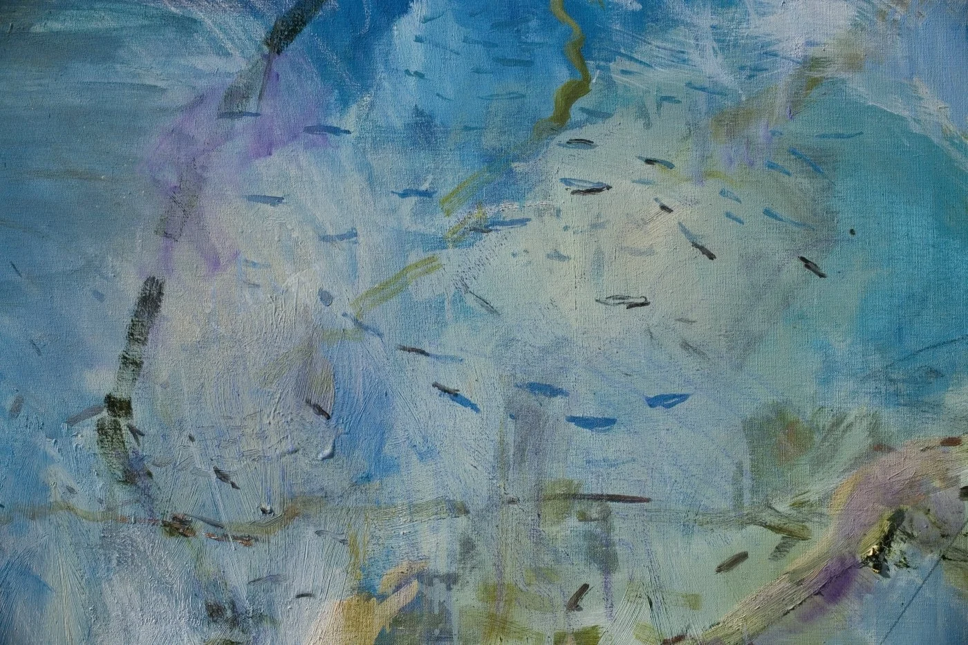 “Entering the Springs” (2006) by Margaret Ross Tolbert, an abstract blue-toned painting with fluid brushstrokes and small fish-like forms, oil and mixed media on canvas.