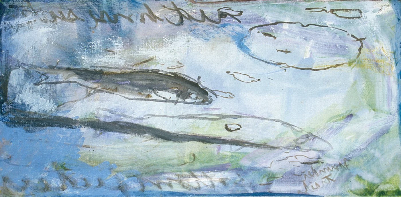 Abstract painting of fish gliding through pale blue and green water, with loose, gestural brushstrokes suggesting movement and light in a spring run.
