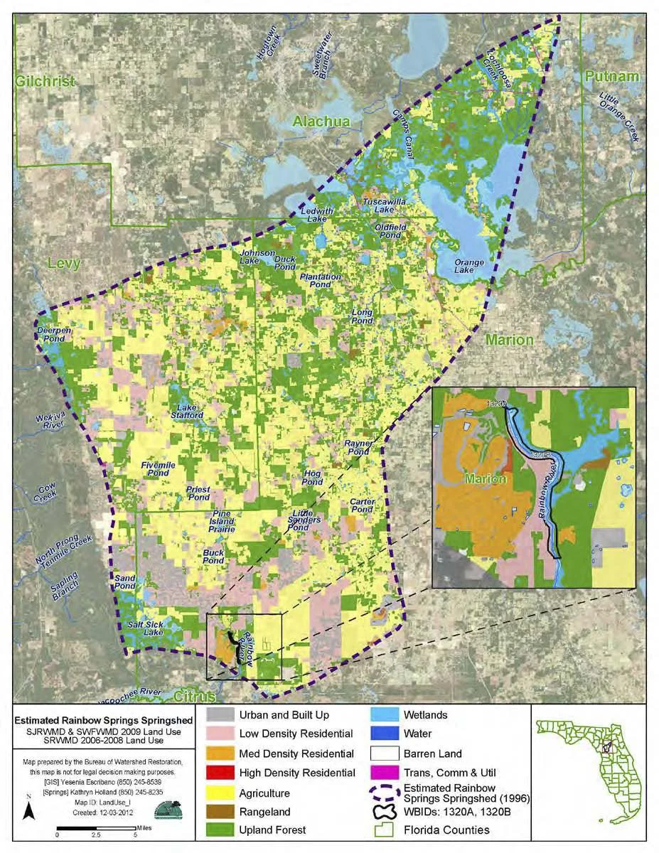 Map showing the Rainbow Springs springshed area and surrounding land use in central Florida.