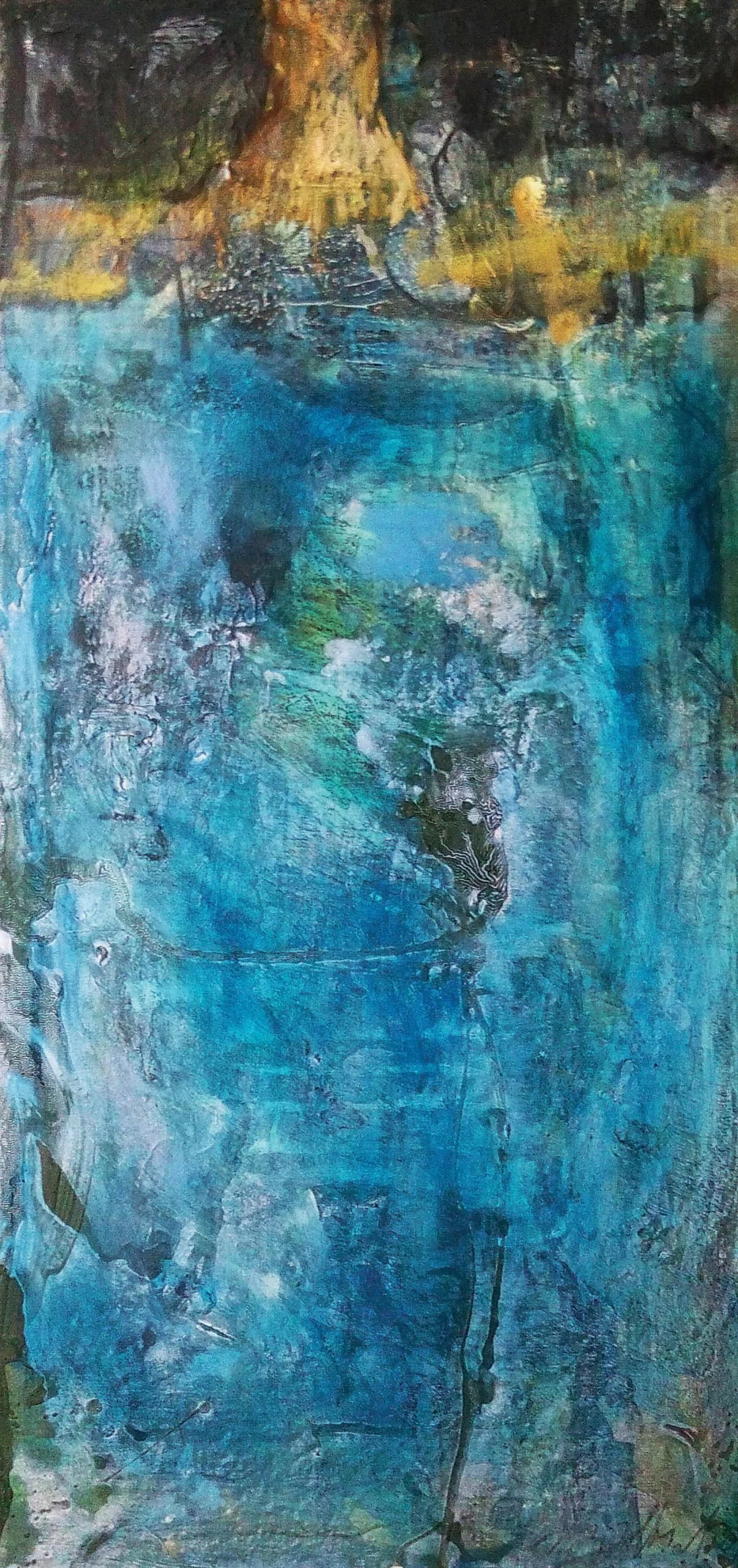 Abstract painting in shades of blue and green suggesting underwater spring scenery, with light and organic forms evoking water, vegetation, and reflections.