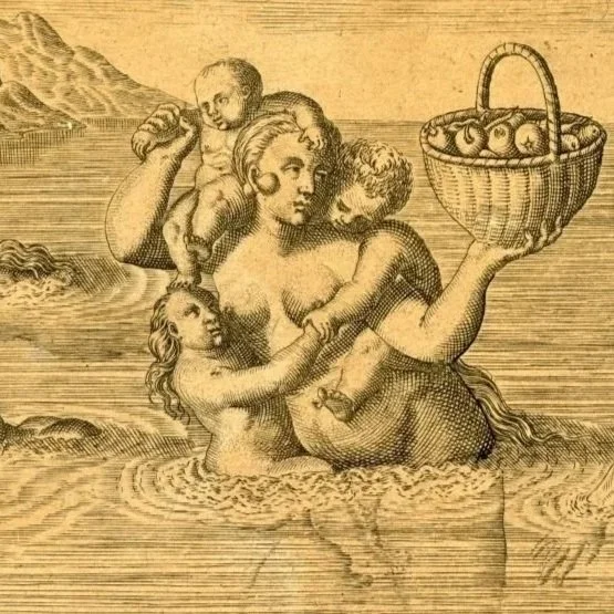 Vintage illustration of a woman with children emerging from water holding a basket