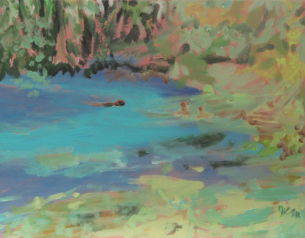 Impressionistic painting of a turquoise spring with soft, layered brushstrokes of green, pink, and blue, depicting a manatee gliding through the water beneath abstracted trees and foliage.