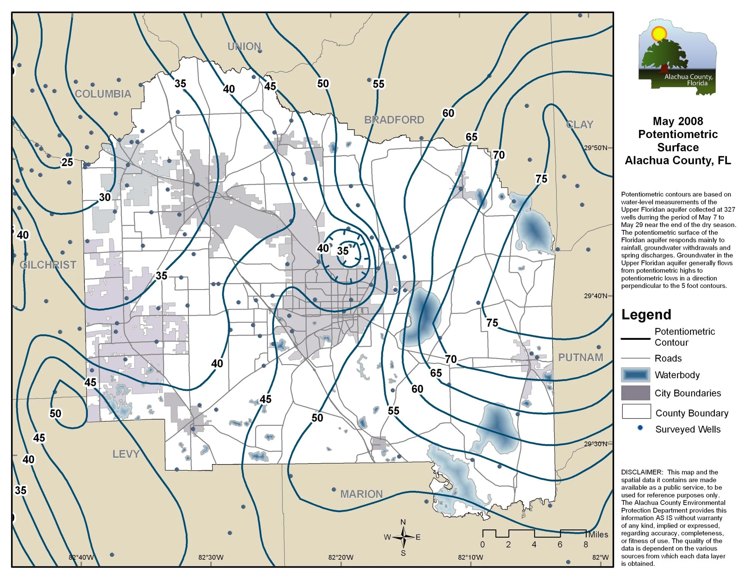 Map of Alachua County showing potentiometric surface contours of the Floridan aquifer and groundwater flow patterns.