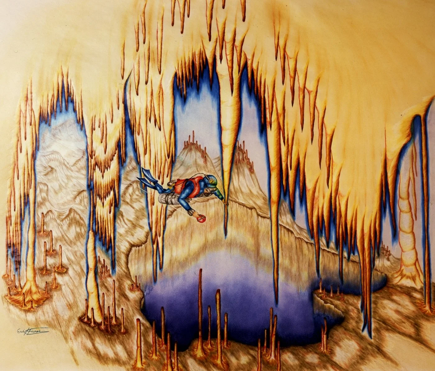 Illustration of a cave diver swimming through a cavern filled with stalactites and stalagmites, with a deep blue pool below.