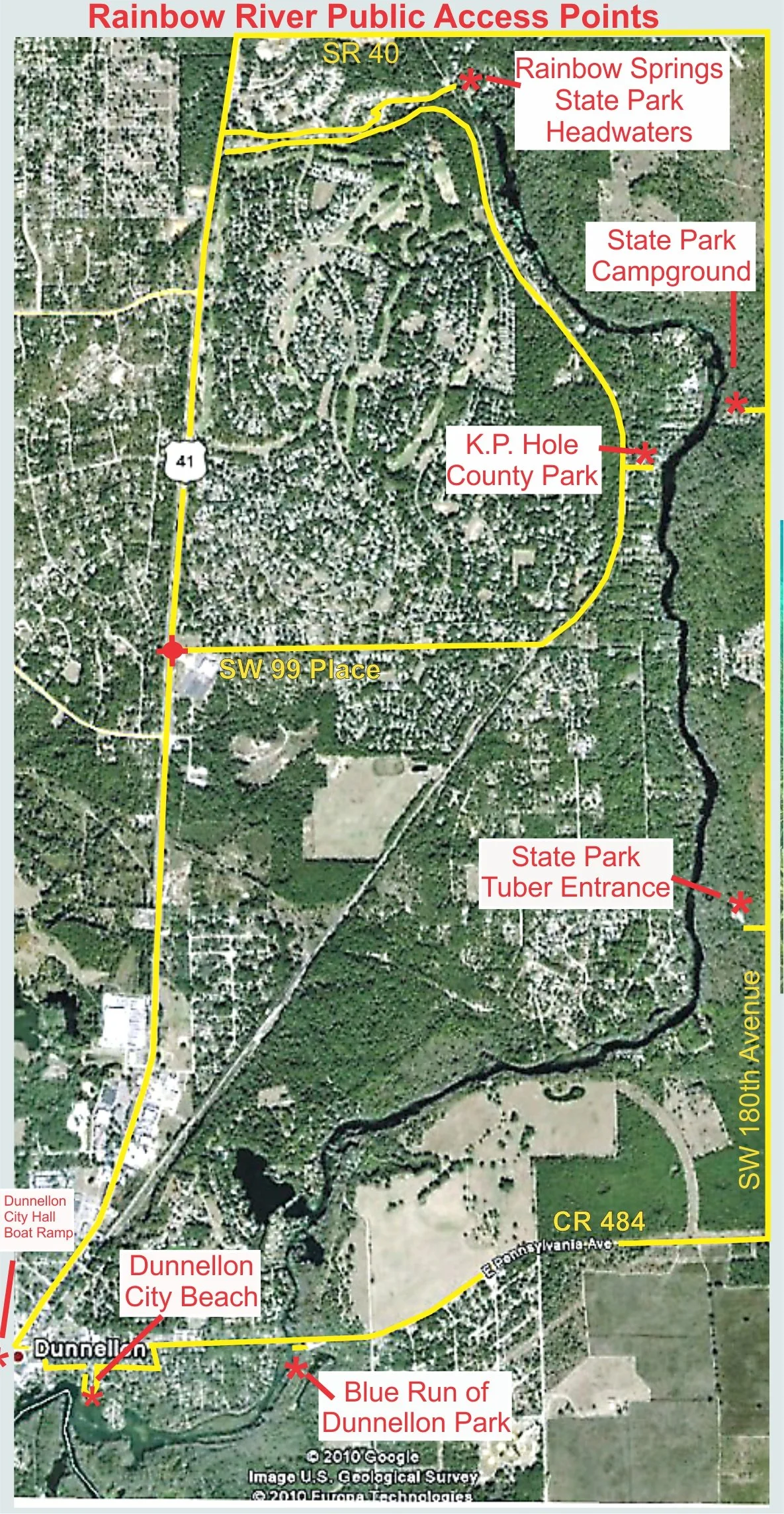 Map showing public access points along the Rainbow River, including Rainbow Springs State Park, K.P. Hole County Park, and Blue Run of Dunnellon Park.
