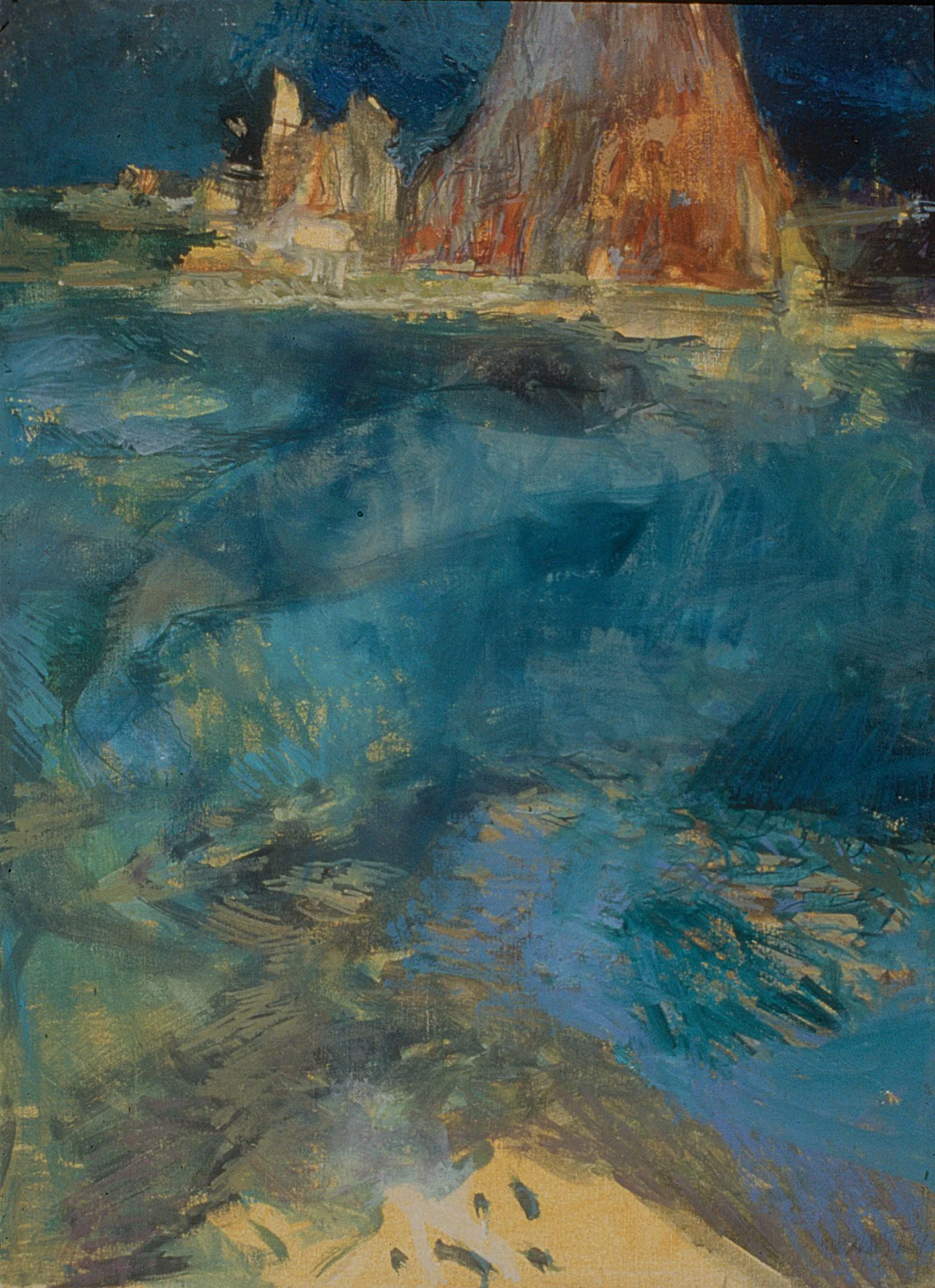Expressive painting of a manatee beneath the water’s surface, with layered blue and green brushstrokes suggesting depth, light, and the surrounding spring environment.