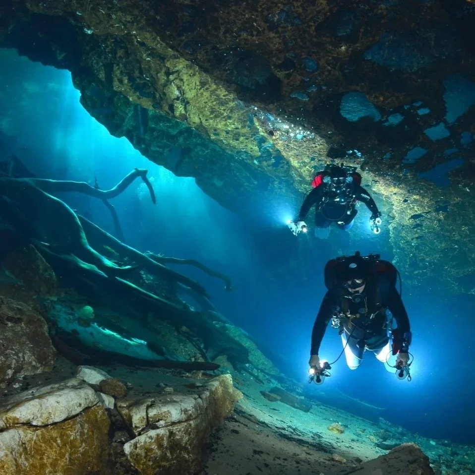 Scuba divers exploring underwater cave