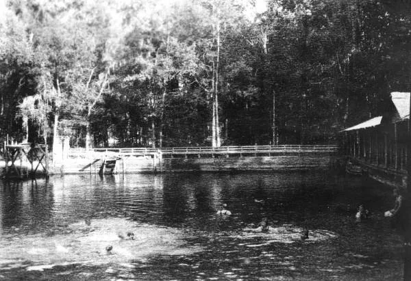 Historic black-and-white photo of a spring swimming area with wooden bathhouses, a diving platform, and people swimming in the water.