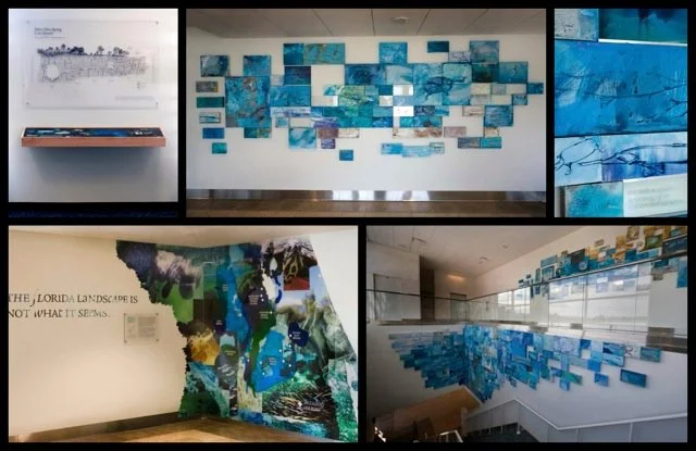 Collage of Margaret Ross Tolbert’s Springs installation at Orlando International Airport, featuring layered blue artworks inspired by Florida springs displayed across gallery walls.