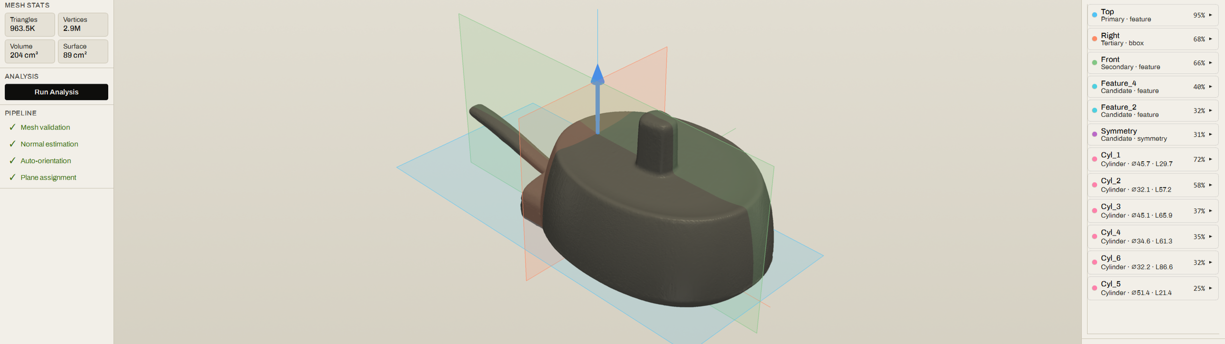 3D model of a black handheld device with a small protruding handle and a thumb rest, displayed in a CAD or 3D visualization software interface with axes and labeling.