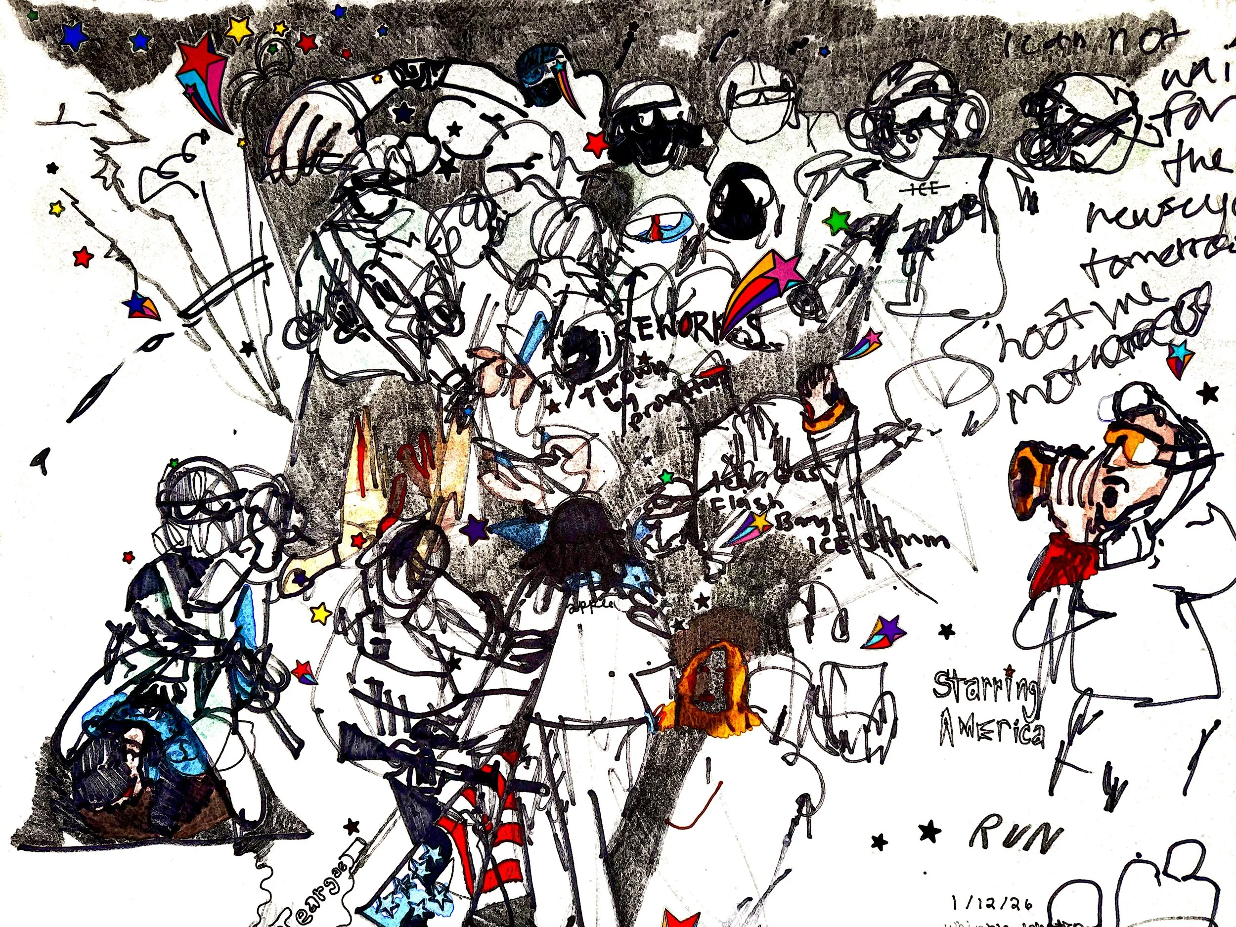 01_12_26, Whipple Federal Building, Nighttime battle between highschoolers shooting off fireworks and Ice deploying multiple tear gasses and flash bangs, ink, colored pencil, stickers, graphite on specialty paper (1).jpg