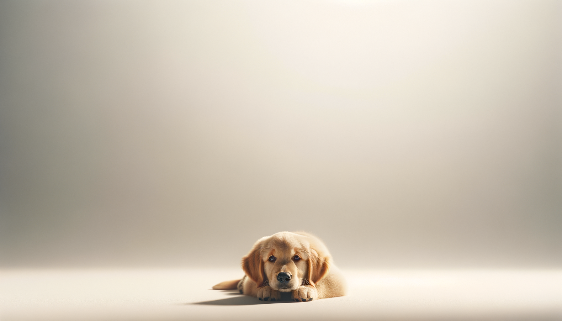 A cute golden puppy lying on a plain light background, looking directly at the camera.