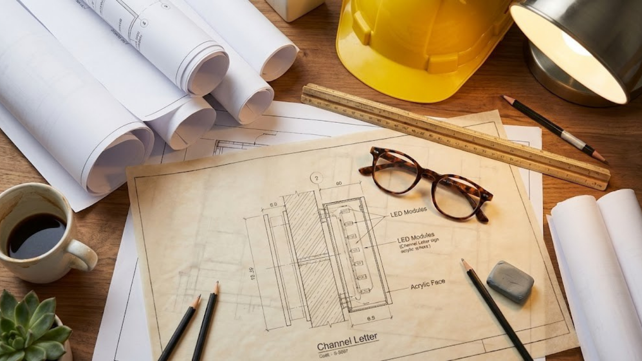 A desk with rolled blueprints, a yellow hard hat, a ruler, a pencil, a pair of glasses, an eraser, a coffee mug, and architectural drawings of an LED module with measurements.