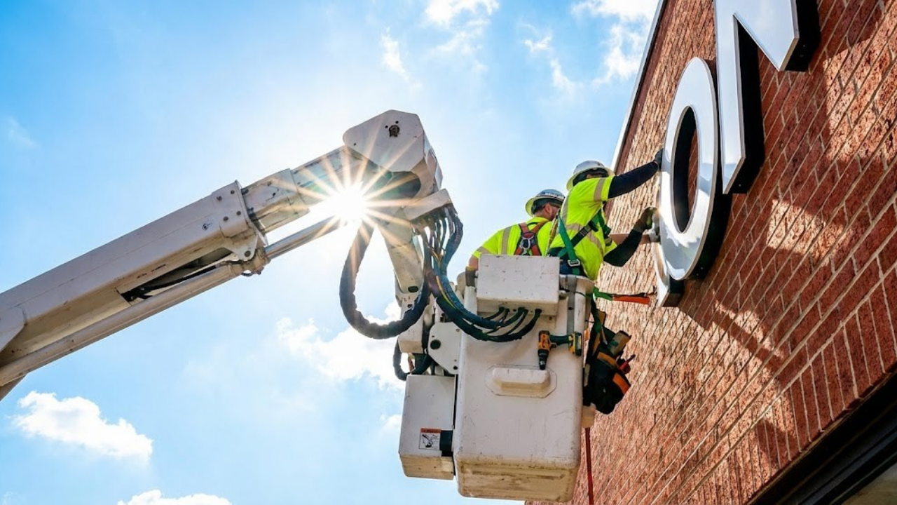 Two construction workers in safety gear install large letters on a brick building exterior, with the sun shining behind a crane arm.