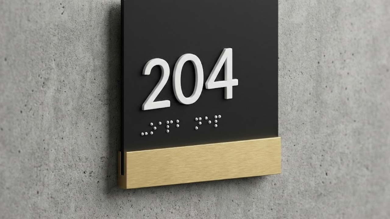 Room number sign with braille on a cement wall, featuring black background, white numbers, and a gold accent at the bottom.