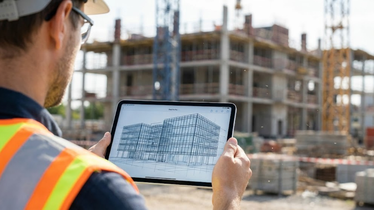 Construction worker viewing a digital blueprint of a building on a tablet at a construction site.