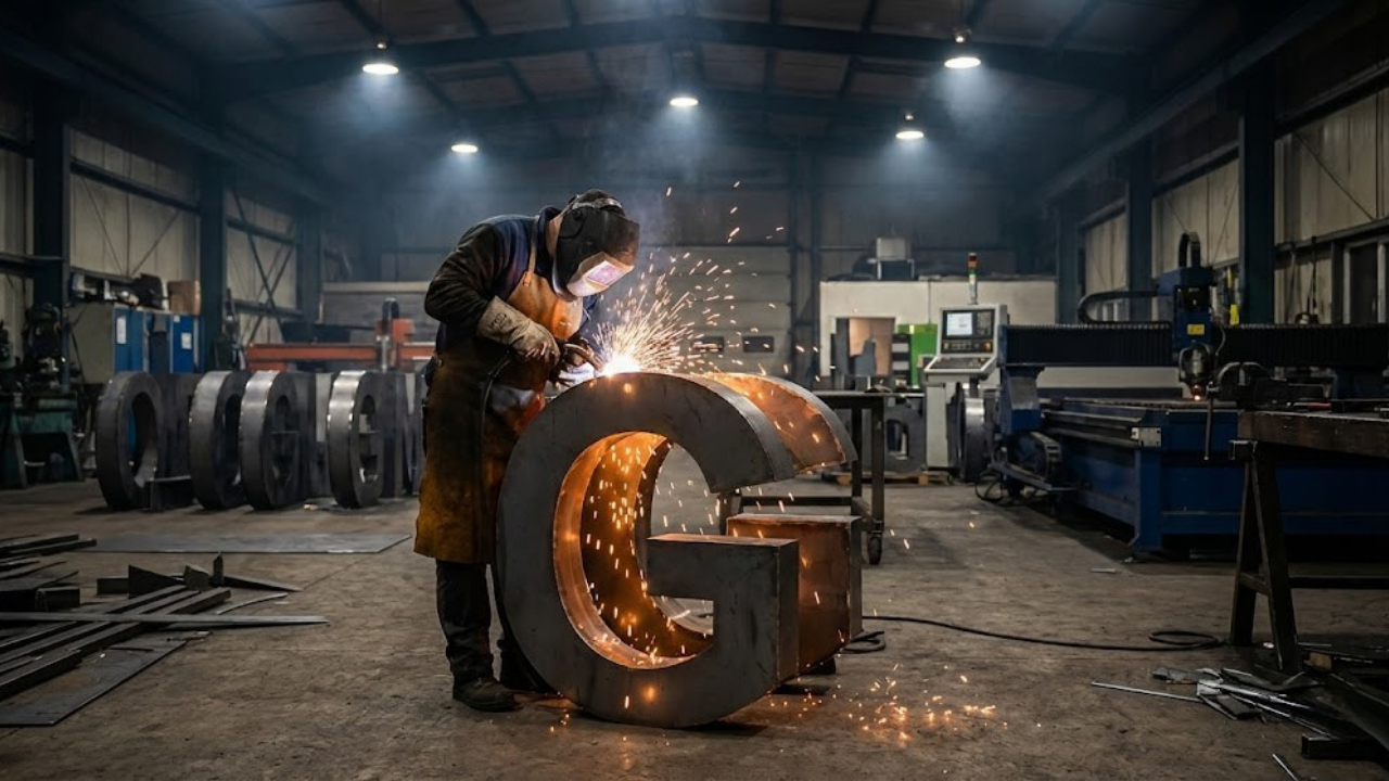 A worker welding a large metal letter G inside a manufacturing workshop.