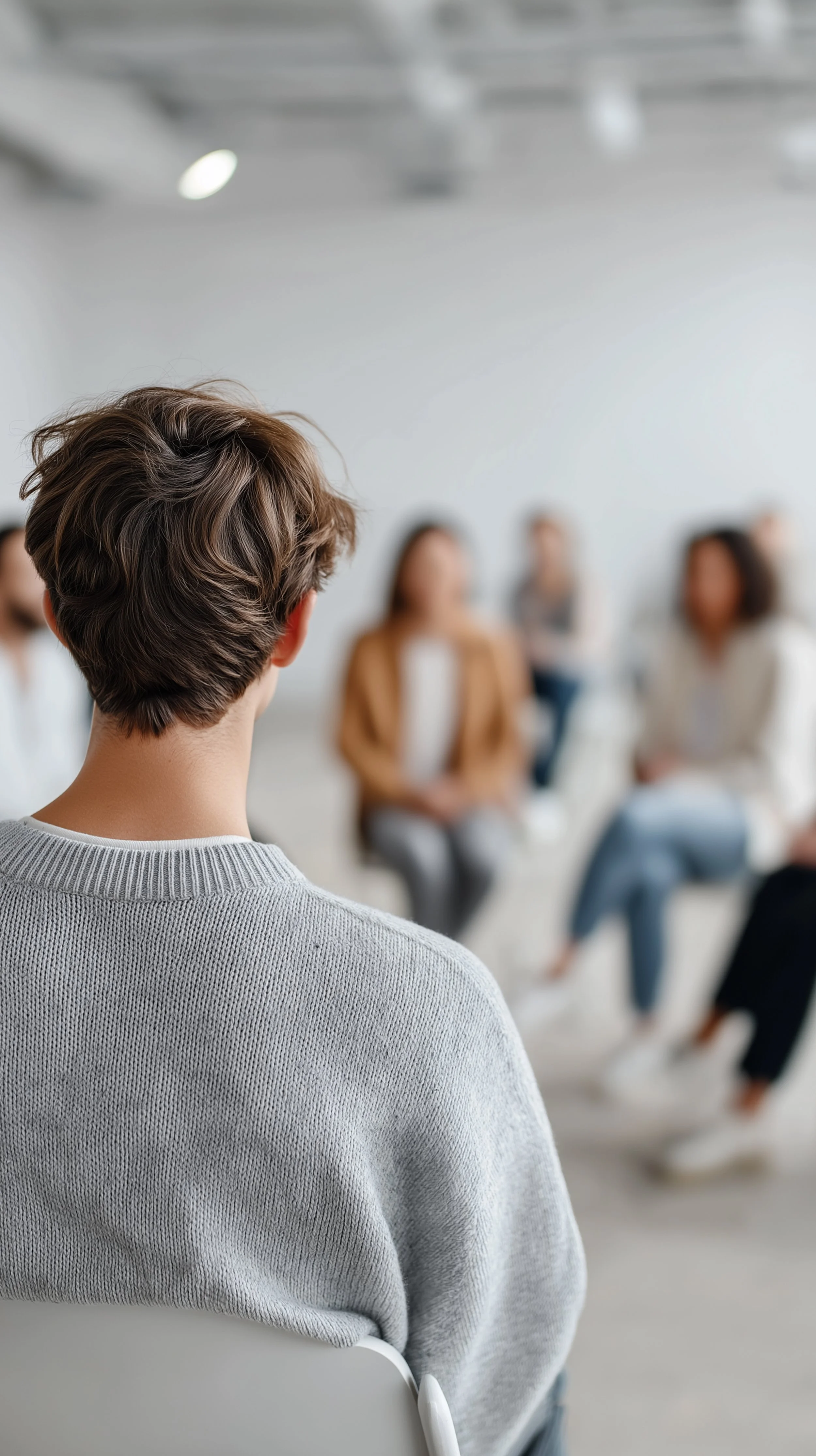 Person with short brown hair wearing a gray sweater sitting and facing a group of blurred individuals in a bright, modern room, appearing to participate in a discussion or therapy session.