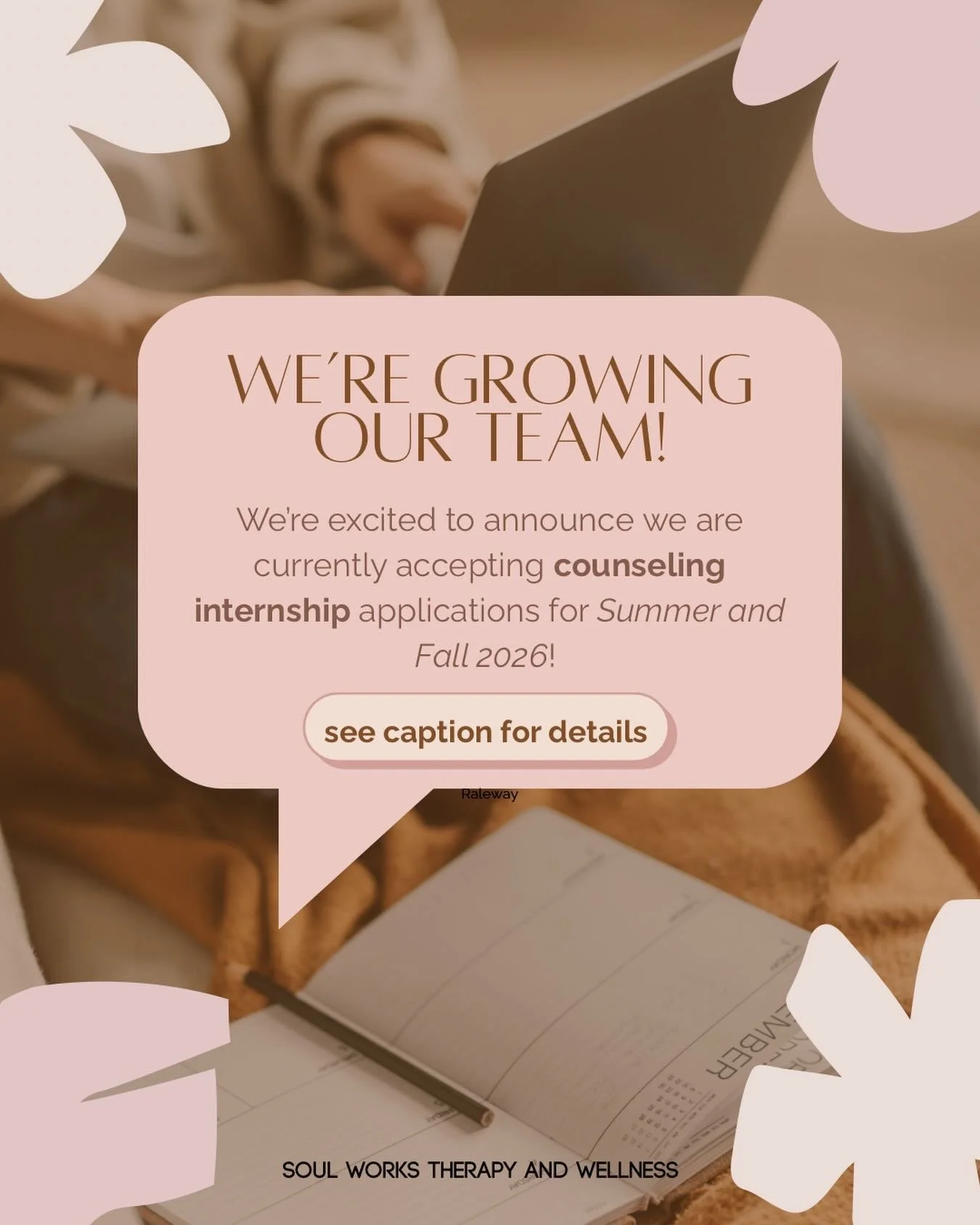 We&rsquo;re excited to welcome counseling interns to Soul Works Therapy &amp; Wellness ✨

We&rsquo;re looking for interns who value authentic connection, compassionate care, curiosity, and meaningful healing work.

Our goal is to create a space where