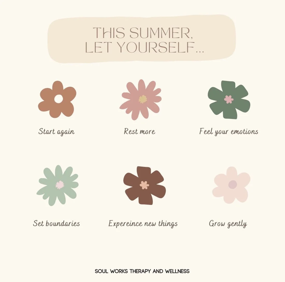 ☀️ This summer, give yourself permission to slow down, reset, and care for yourself in the ways you may have been putting off.

✨ Start again.
✨ Rest more.
✨ Feel your emotions.
✨ Set boundaries.
✨ Experience new things.
✨ Grow gently.

Healing doesn