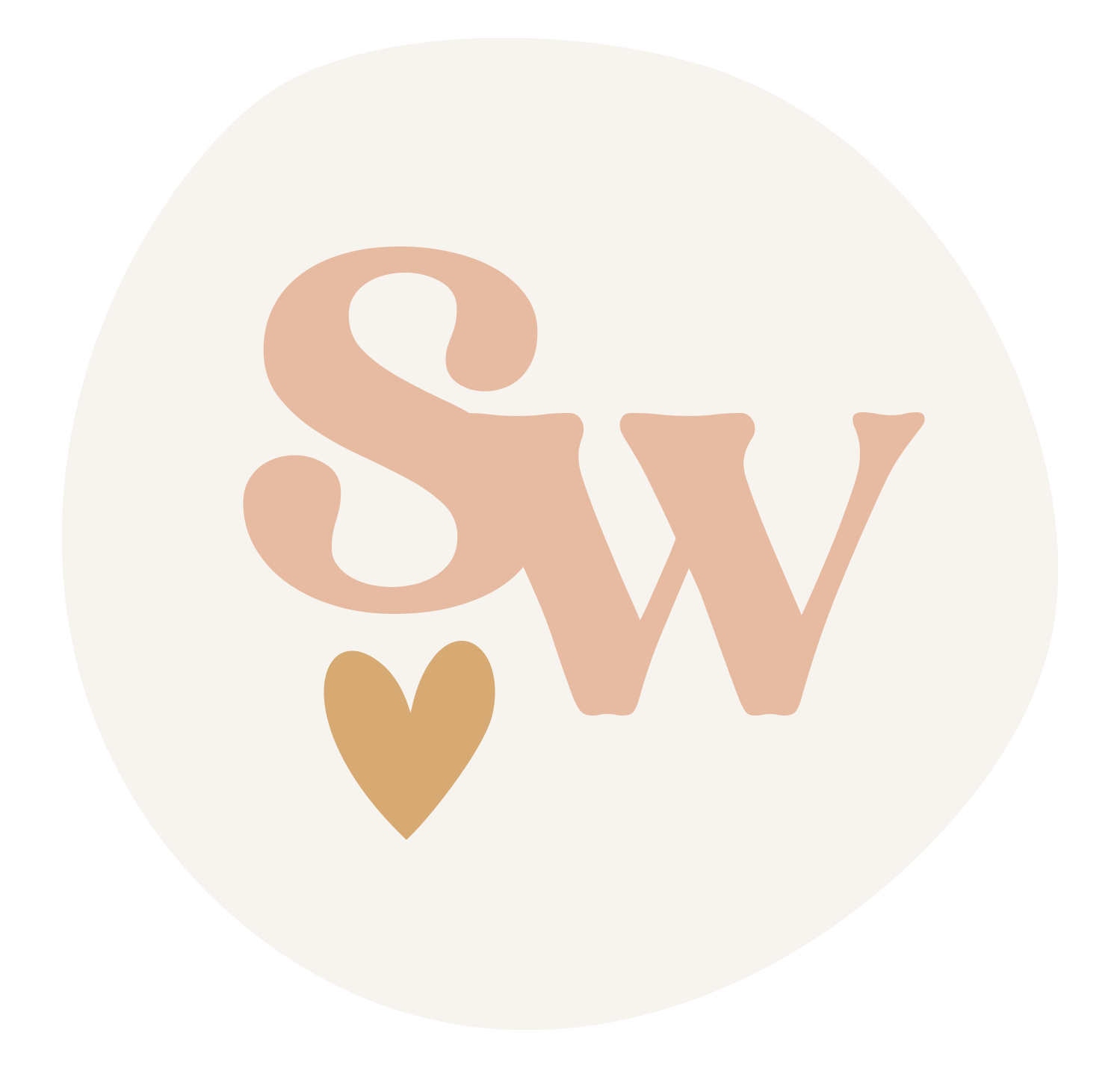 A graphic design with light pink and gold letters 'SW' and a gold heart, on a white circular background.