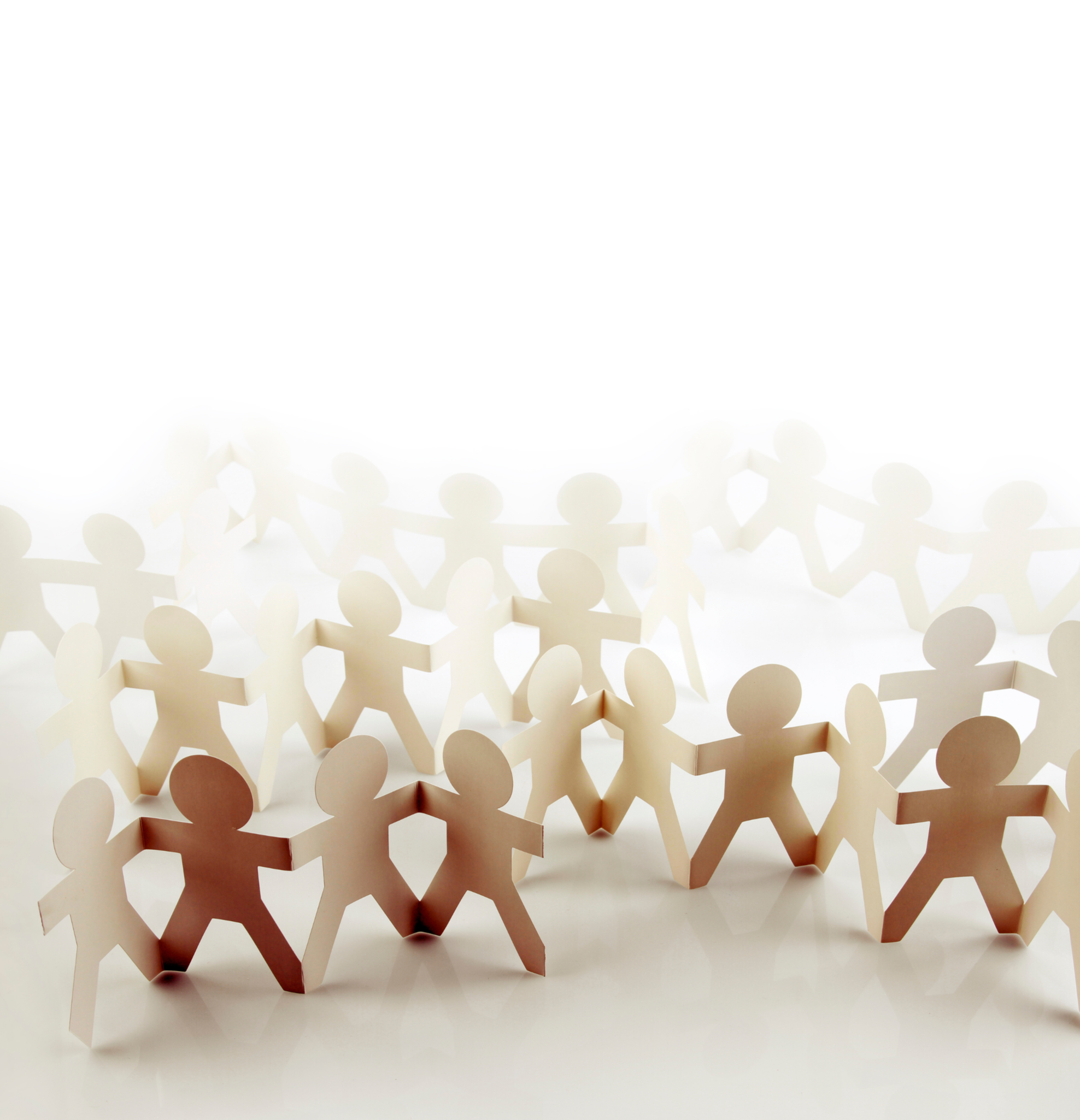 Paper chain of connected paper people cutouts arranged in a circle with a white background.