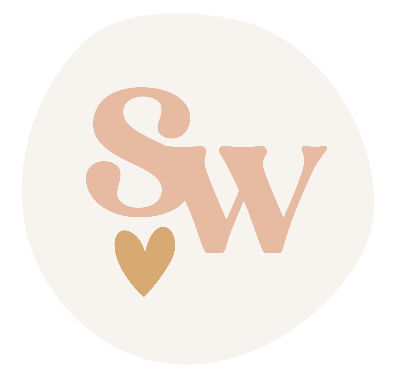 Graphic with beige and pink stylized letters 'S' and 'W', and a small gold heart inside a white circle, set against a black background.