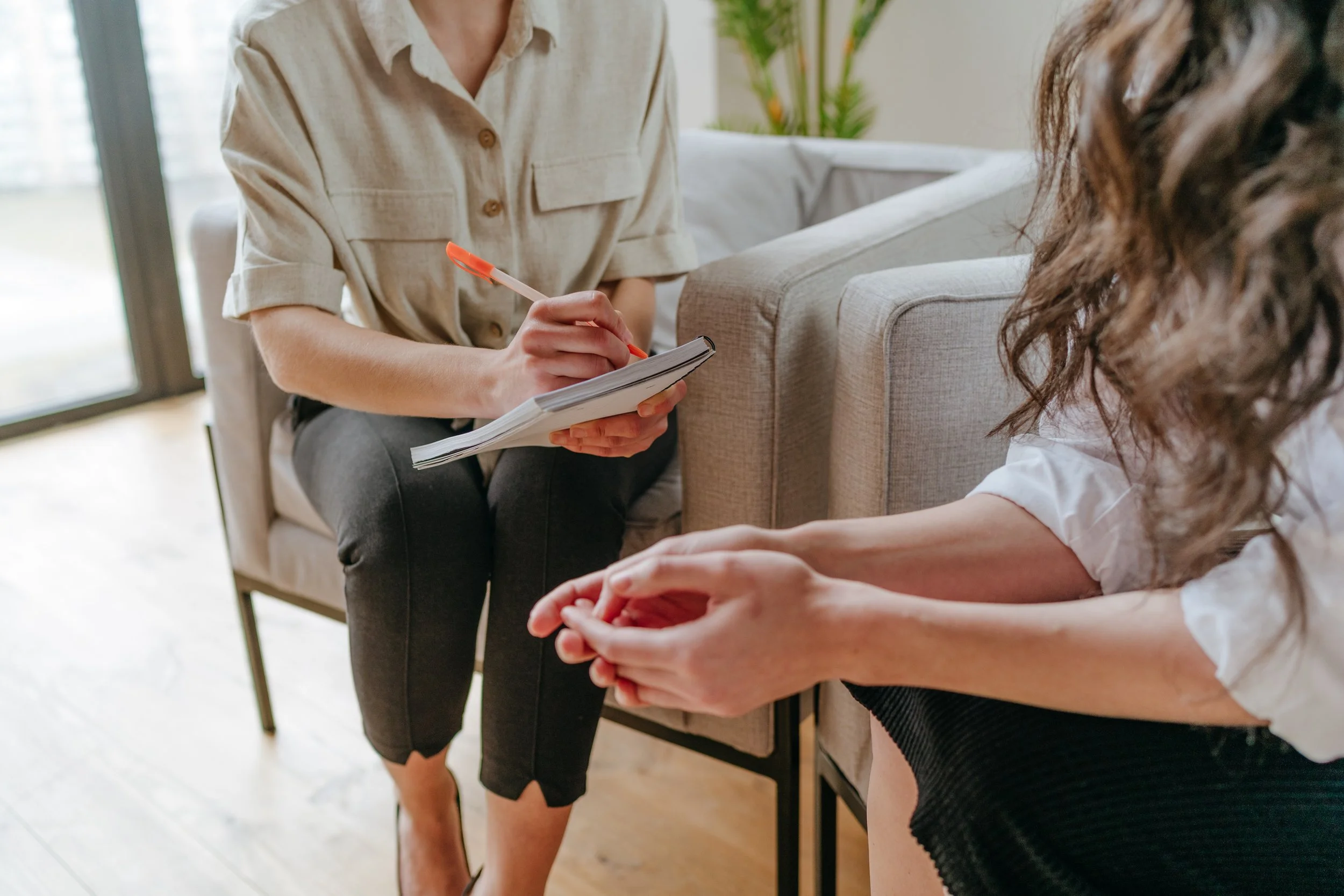 A woman conducting a therapy session with another woman sitting on a couch.
