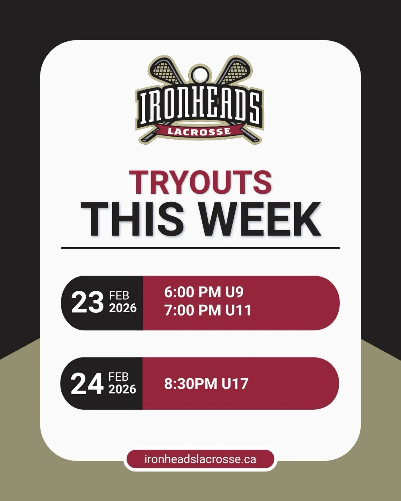 A couple changes to this weeks tryout schedule from what was originally posted.

All tryouts are at a village Arena in Ajax, reach out with any questions.
