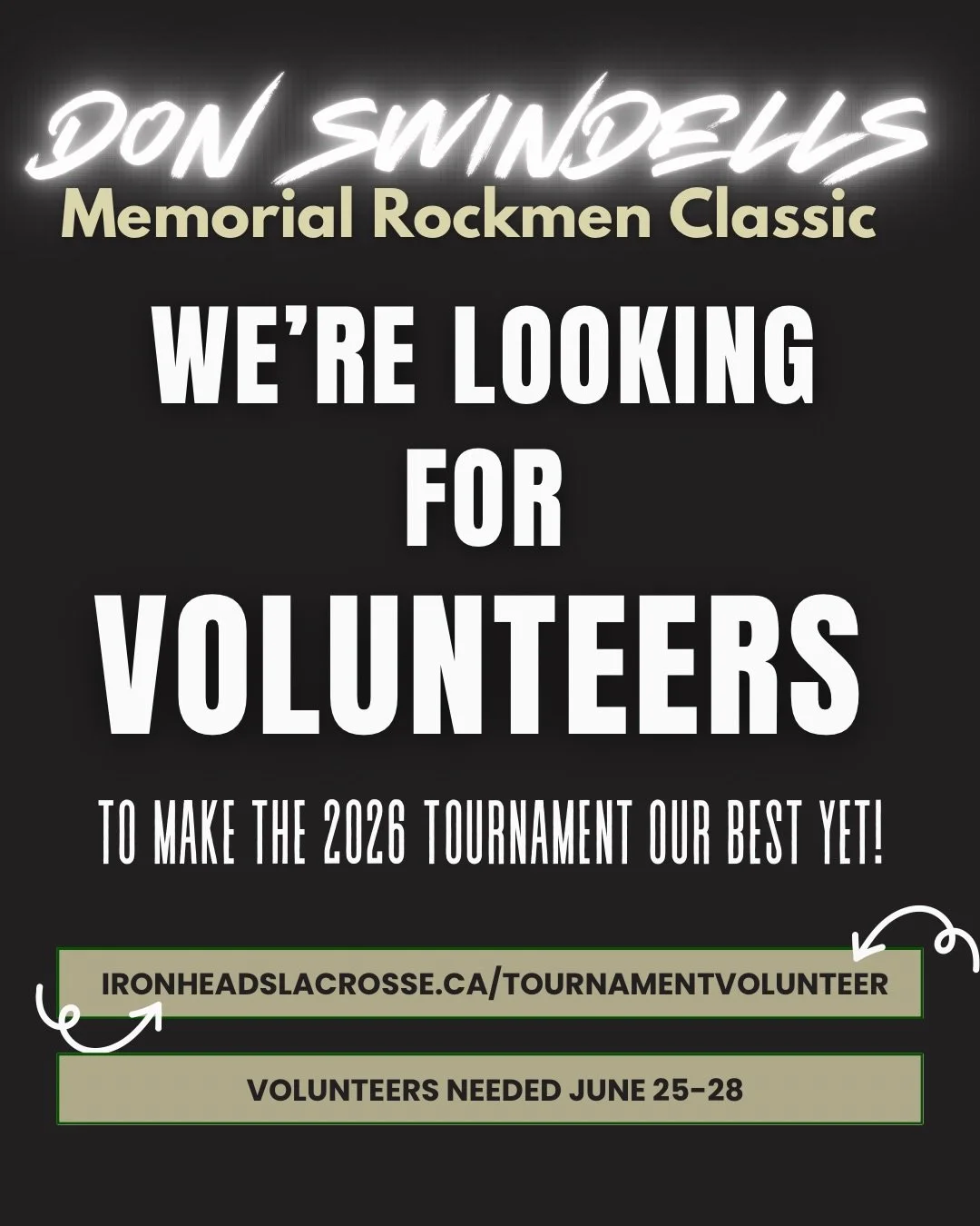 It&rsquo;s almost Tournament time and we need you!!

Bring out that Rockmen heart that&rsquo;s the foundation of the Ironheads organization. 

Shifts are less than 3 hours and it is the volunteers that make the Don Swindells Memorial Rockmen Classic 
