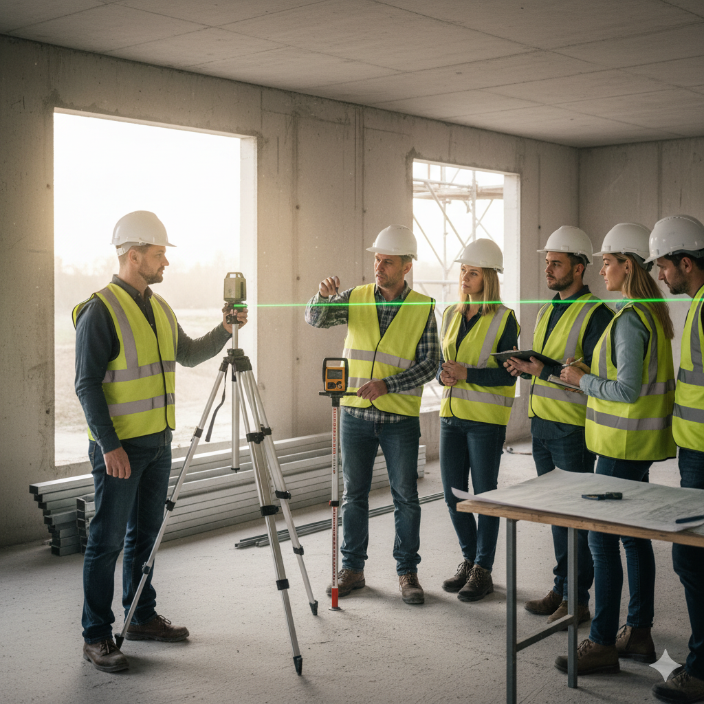 Construction workers in safety vests and helmets using surveying equipment inside an unfinished building.