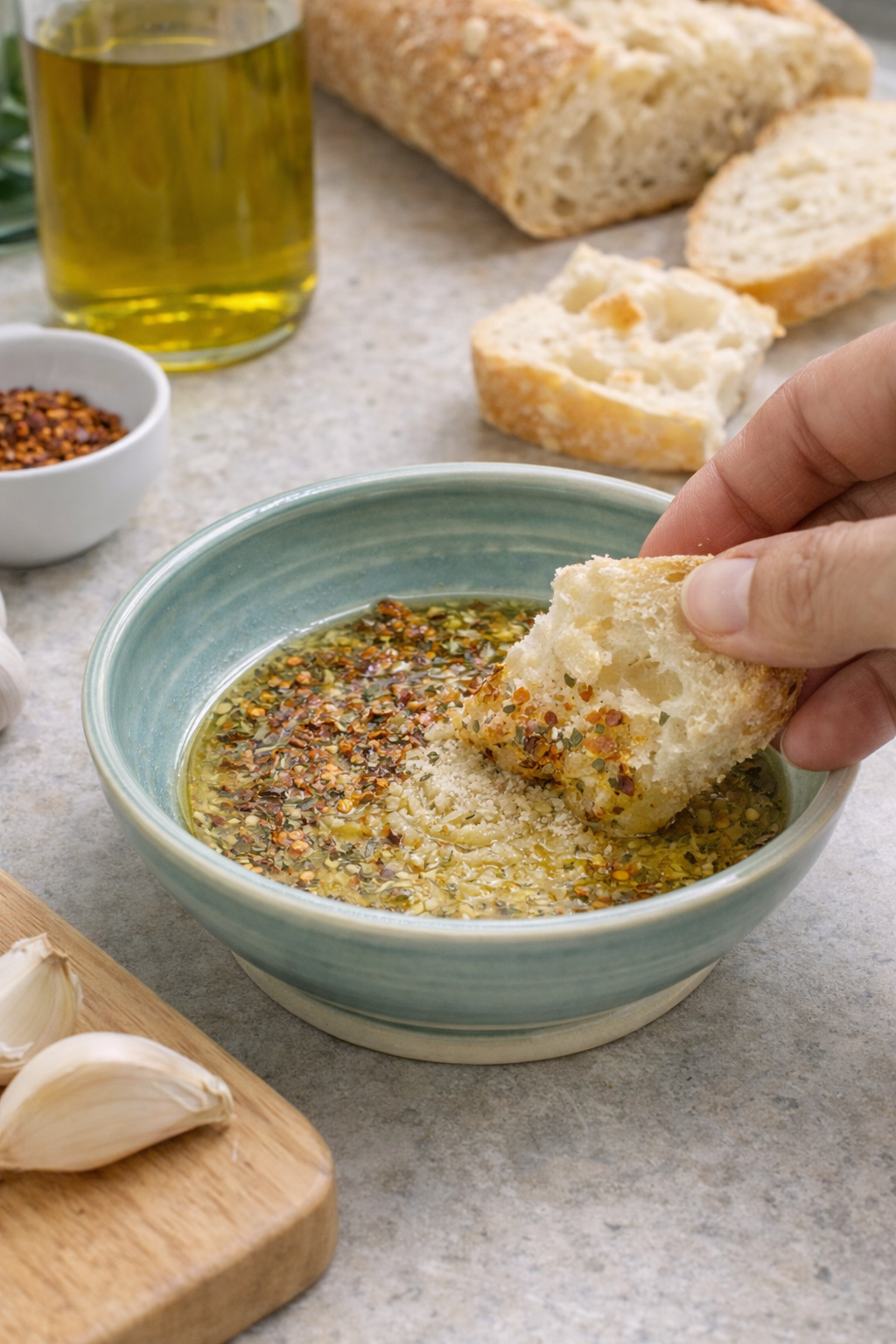 A person dips a piece of bread into a bowl of olive oil and herbs, on a kitchen countertop with a loaf of bread, garlic, and a jar of oil.