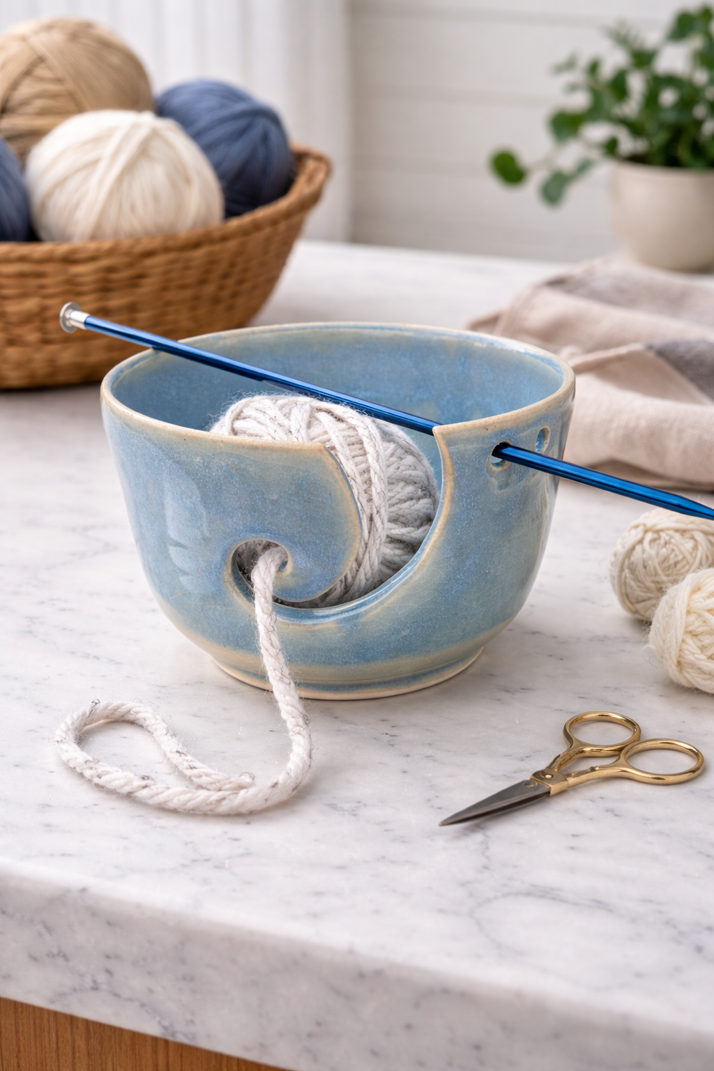 A knitting workspace with a blue ceramic bowl containing yarn and knitting needles, surrounded by yarn balls, scissors, and fabric on a white marble surface.
