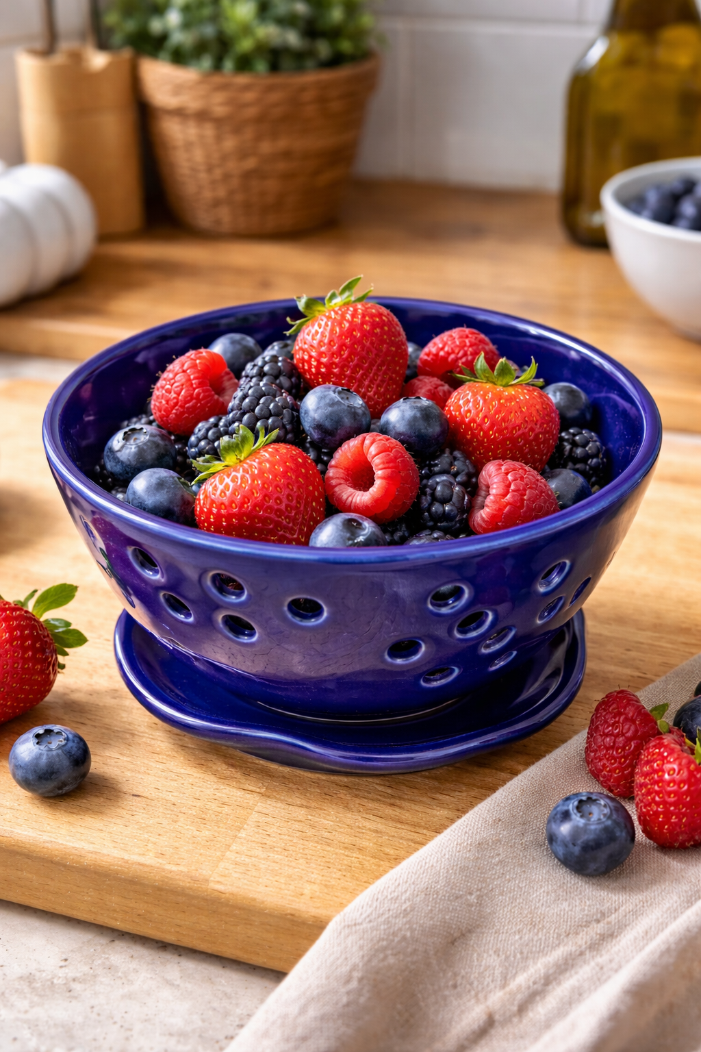 A blue ceramic bowl filled with assorted fresh berries, including strawberries, raspberries, blackberries, and blueberries, on a wooden cutting board.
