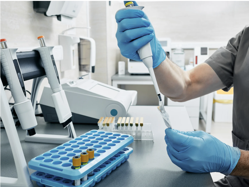 A person in a laboratory wearing blue gloves using a pipette to transfer liquid into a test tube.