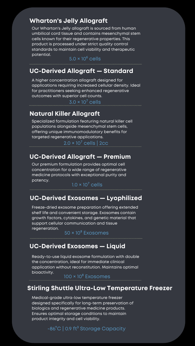 Information about various biomedical products, including Wharton's Jelly Allograft, UC-Derived Allograft, Natural Killer Allograft, Exosomes, and a low temperature freezer.