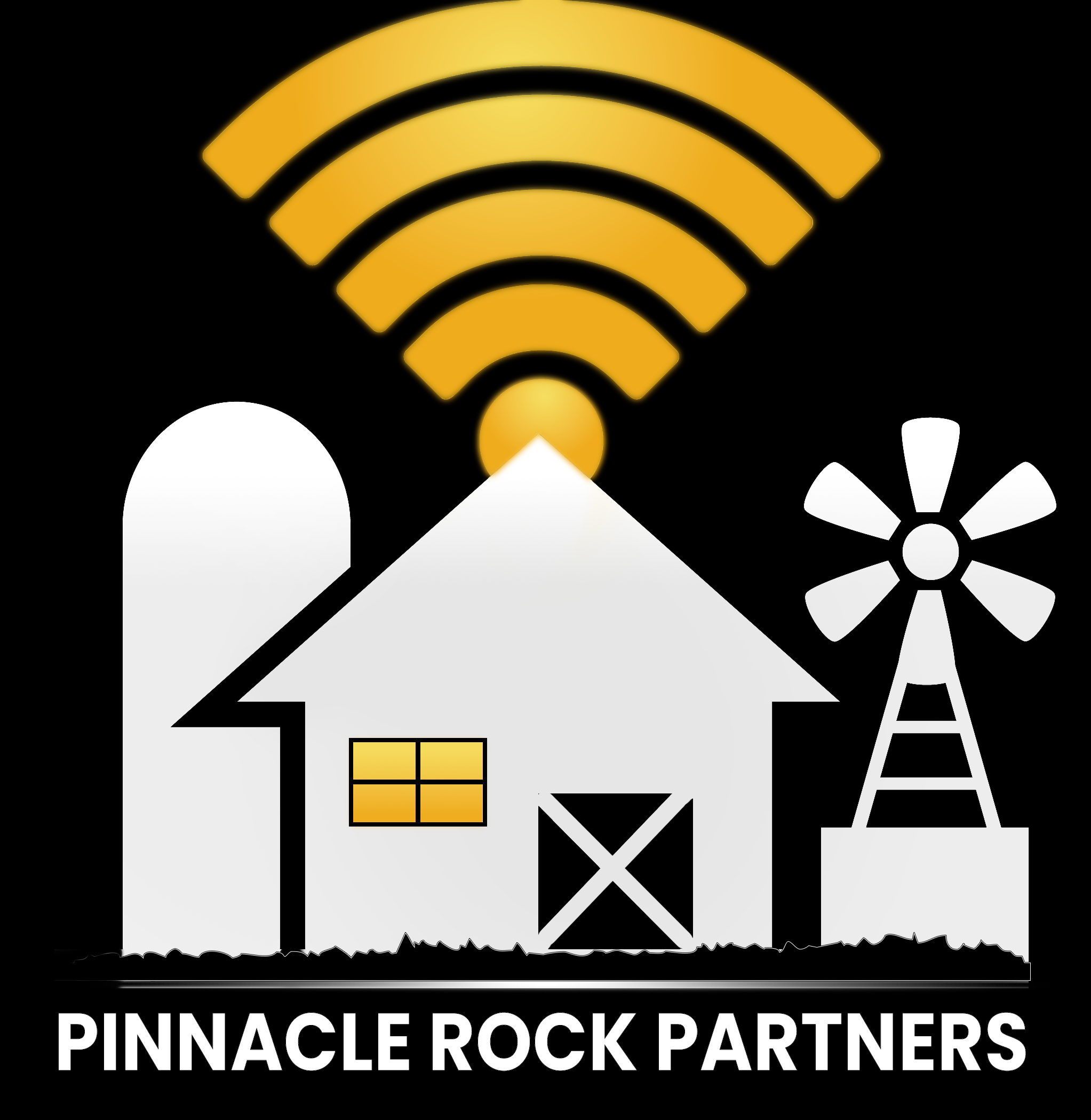 Logo of Pinnacle Rock Partners showing a stylized barn and windmill with a Wi-Fi signal rising above the roof against a black background.