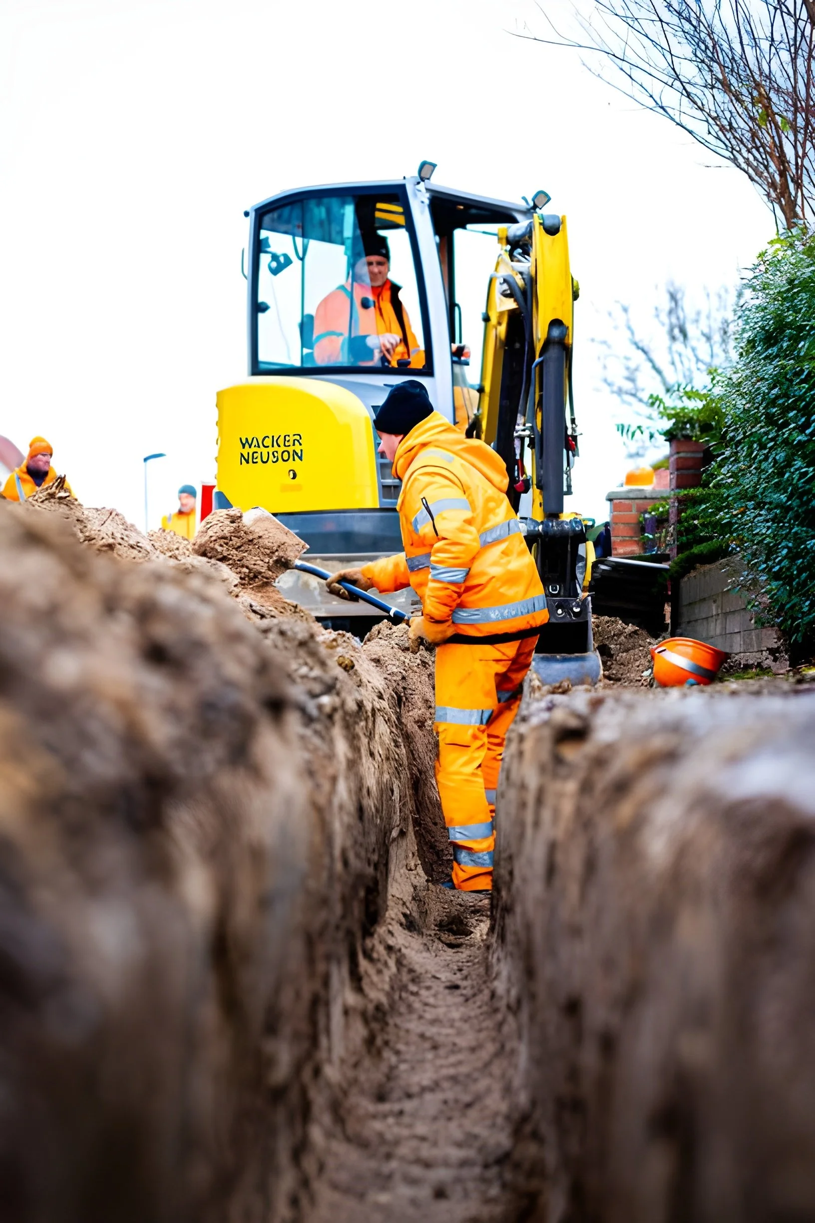 Telecom construction workers in high-visibility safety gear installing underground infrastructure in a trench, with an excavator operating in the background.