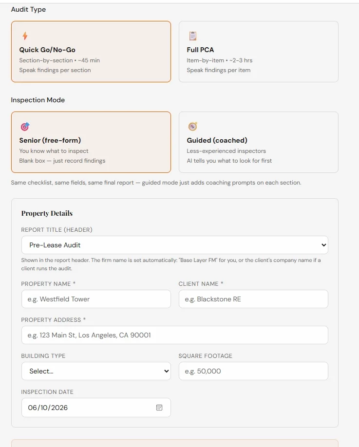 Base Layer Platform audit setup screen showing Go/No-Go and Full PCA audit types and guided inspection mode
