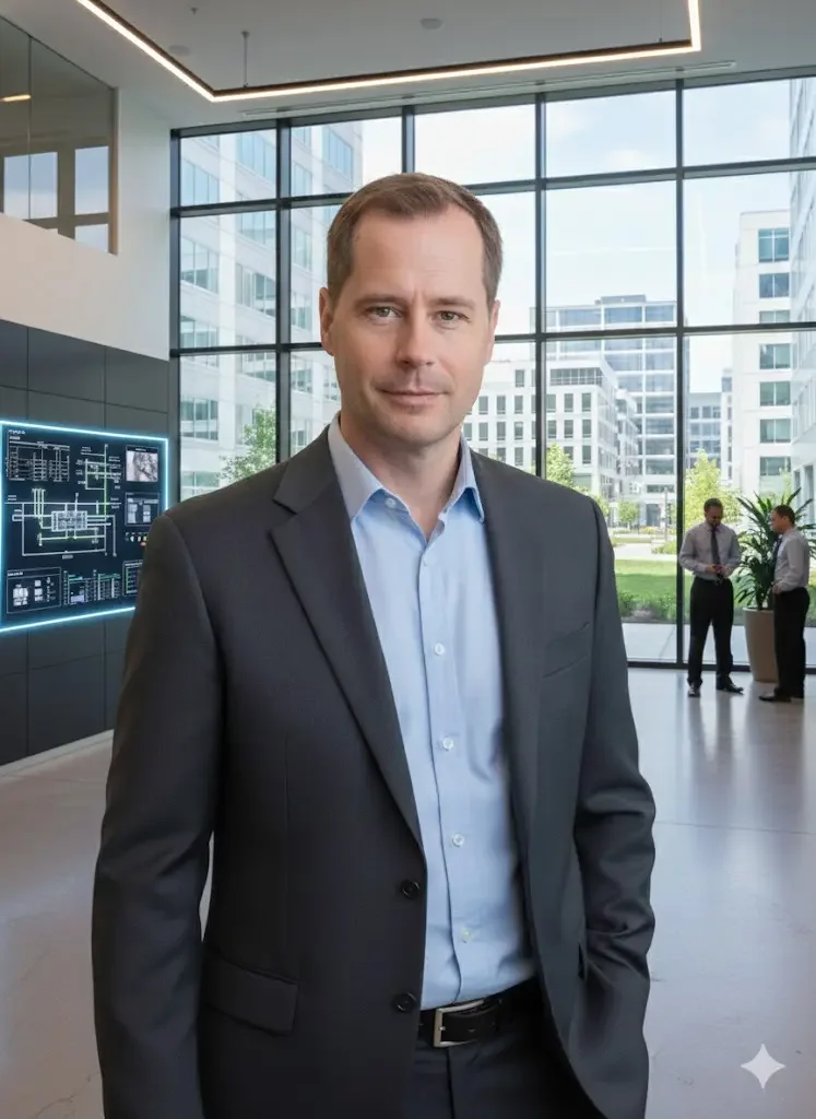 A businessman in a dark suit and light blue shirt standing inside a modern office building with large glass windows, overlooking a cityscape with other office buildings and two men in the background talking.