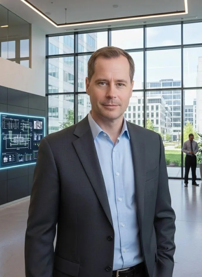 A man in a business suit standing in a modern office building with large glass windows, with another man in the background using a mobile device.